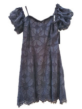 Lulus Women Dress MEDIUM Black floral Lace Puff Sleeve Bodycon NWT