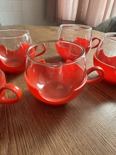 Vtg 1970s PYREX MCM Set Of 5 Roly Poly Glasses Red Coffee Cup Holders