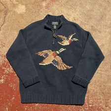 Vintage 90s Ladies Ralph Lauren Hand Knit Duck Mallard Zip Up Sweater
