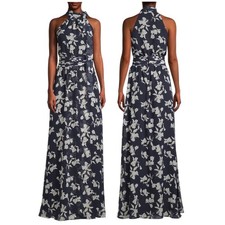 Sachin & Babi NWT Sample Kayla Floral High-Neck Chiffon Maxi Gown Size 2 Navy