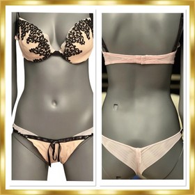 La Perla Bra & Panty Set Silk Blend Embroidered Black Motifs ( Large)