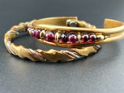 2 x Vintage Sergio Lub USA Brass Fancy Garnet & Ayurvedic Cuff Health Bracelets