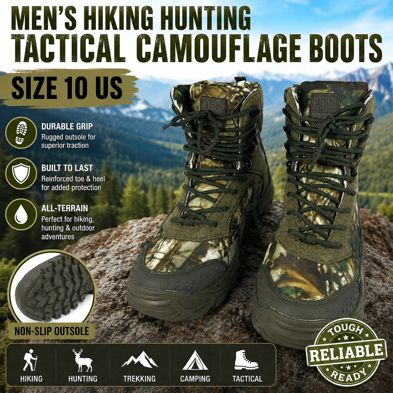 Men’s Hiking Hunting Tactical Camouflage Boots Size 10 US