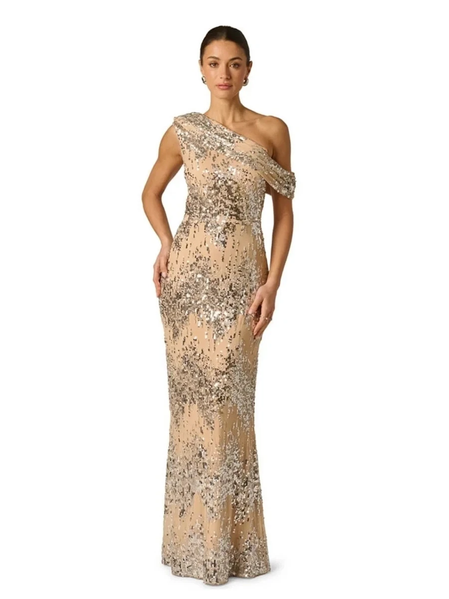 Talla 10 Nuevo Con Etiquetas Vestido Adrianna Papell Drapeado Lentejuelas Un Hombro Vestido Desnudo/Plateado