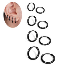 4 Pairs Black Earrings for Men Women, 316L Surgical Stainless Steel Small Hoo...
