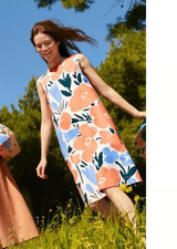 Marimekko Uniqlo Womens Orange Blue Floral A Line Dress Medium