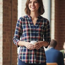 Market & Spruce $58 Medium Blue Red Green Colibri Plaid Henley 3/4 Sleeve Blouse