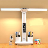LED Desk Lamp Dimmable Pen Phone Holder USB Double Head Bedroom Reading Light 7W