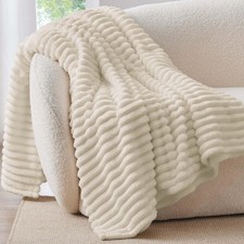 Twin Blanket Couch Bed 300GSM Soft Warm Fleece Striped Beige 60x80 Inch 1 PCS