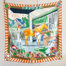 Pure 14 Momme Twill Silk Bandanna Scarf Wrap horse Print Square Shawl 88X88cm