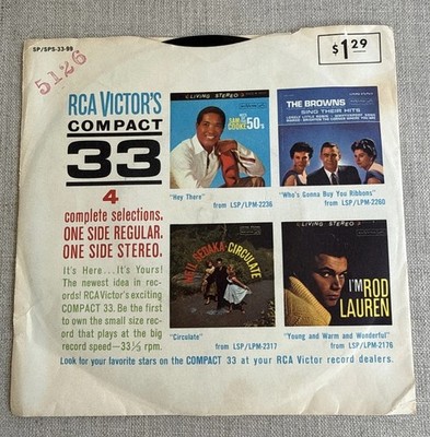 RCA Compact 33 RPM Sam Cooke Sedaka Browns Picture Sleeve 45 RPM Record VG+