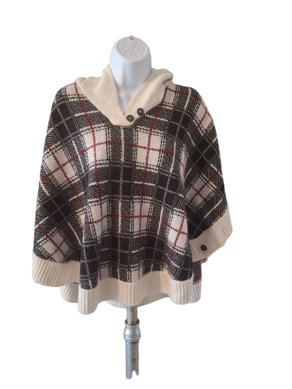 Talbots XS Plaid Wool Blend Poncho Cape Sweater Cream Black Red Preppy Cozy