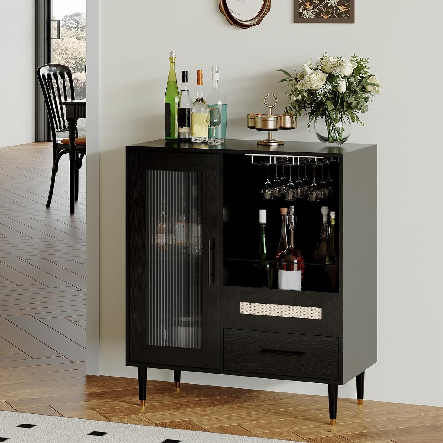 Wine Bar Liquor Cabinet w/ Wine Glass Rack Door Display Drawer Buffet Sideboard