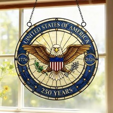 United States 250 Years of Freedom Stained Glass Suncatcher, Patriotic Bald