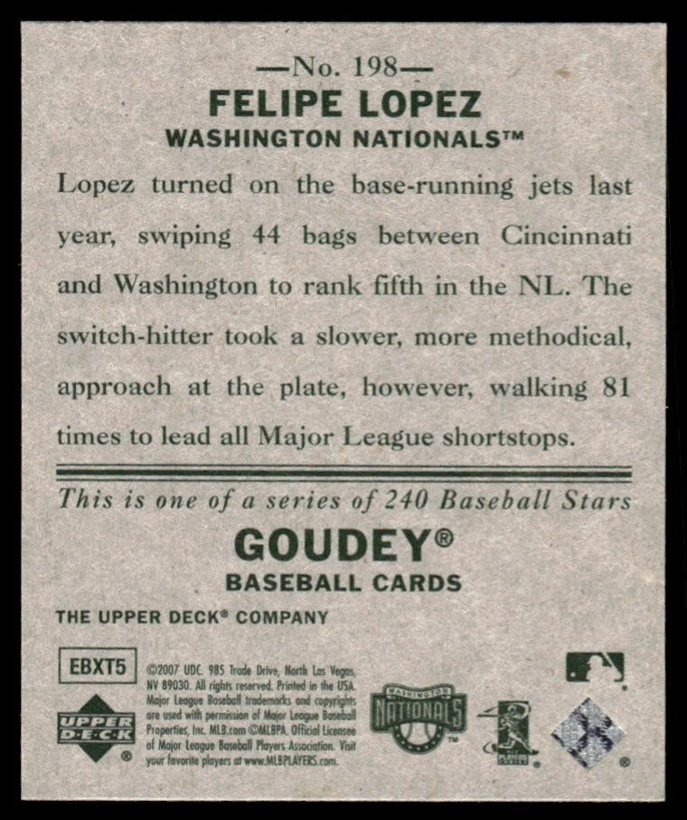 2007 Upper Deck Goudey Felipe Lopez #198 Washington Nationals - Image 2 of 2