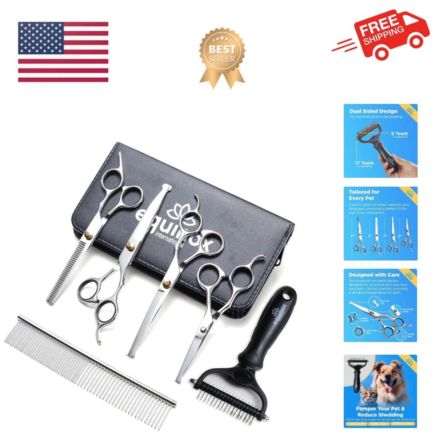 Equinox Dog Grooming Scissors & Deshedder - 7 in 1 Pet Grooming Scissors Set ...