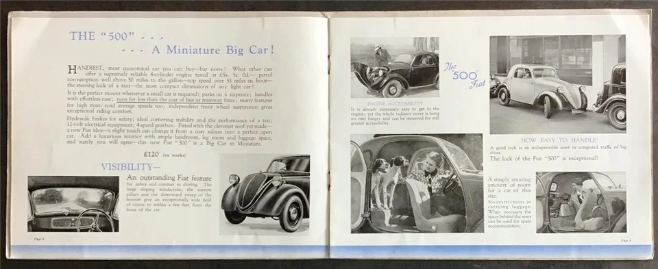 Folleto de ventas FIAT CAR RANGE 1937 500, 1500, Balilla Sports & Balilla Sedán Foto 2 de 4
