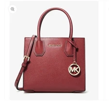 Michael Kors Dark Cherry Mercer Med Pebbled Leather Top Handle Messenger Bag-NWT