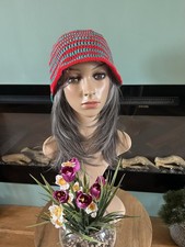 Handmade Crocheted Spiral Bucket Hat In Teal/ Red Size Small/ Medium Unisex New