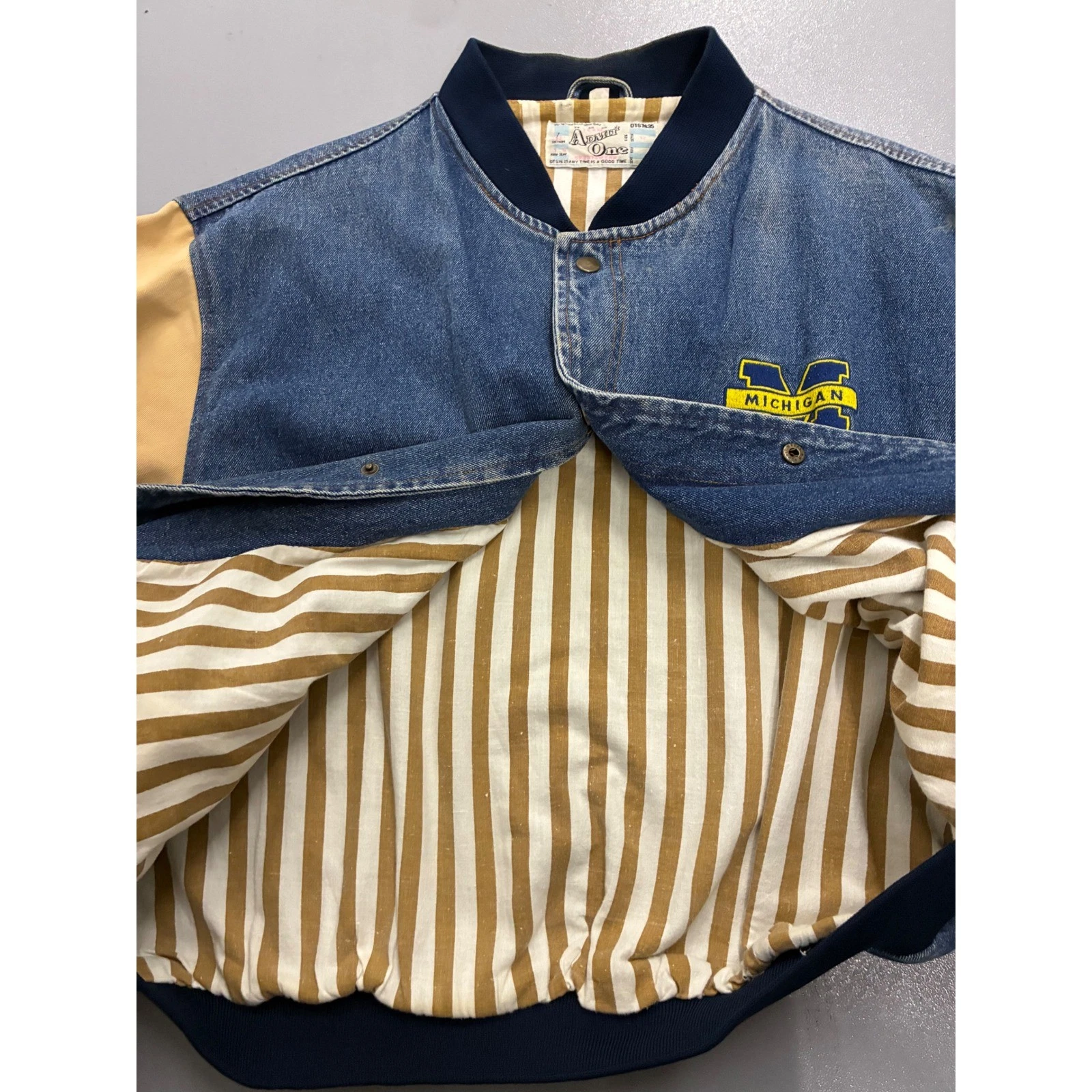 Vintage Team Admit One Michigan Wolverines Denim Varsity Jacket Blue Yellow XL image 6