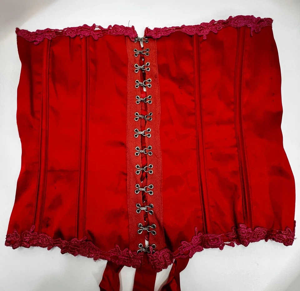 VTG Y2K Scarlet Red Satin Corset  Hook Front Lace Trim Strapless Steam Punk Goth - Image 4 of 4