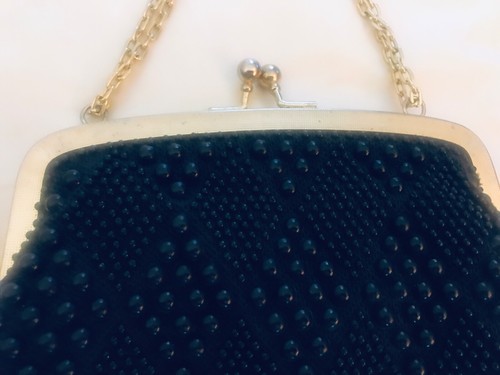 Vintage Black Beaded Retro PURSE~HANDBAG~SHOULDER BAG Adjustable Chain Strap - Picture 9 of 12