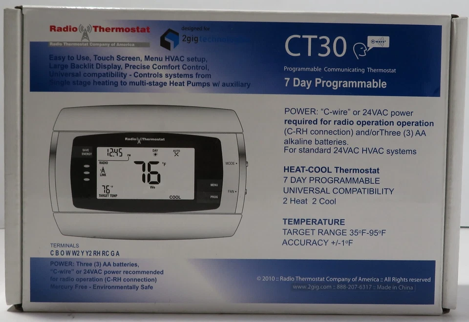 Radio Thermostat CT-30 Programmable LED Touch Screen Display Thermostat - White - Image 2 of 4