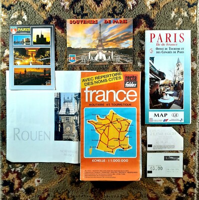 Souvenirs Paris France: Tour Map, The Louve & Eiffel Tower Stubs, Map of France+