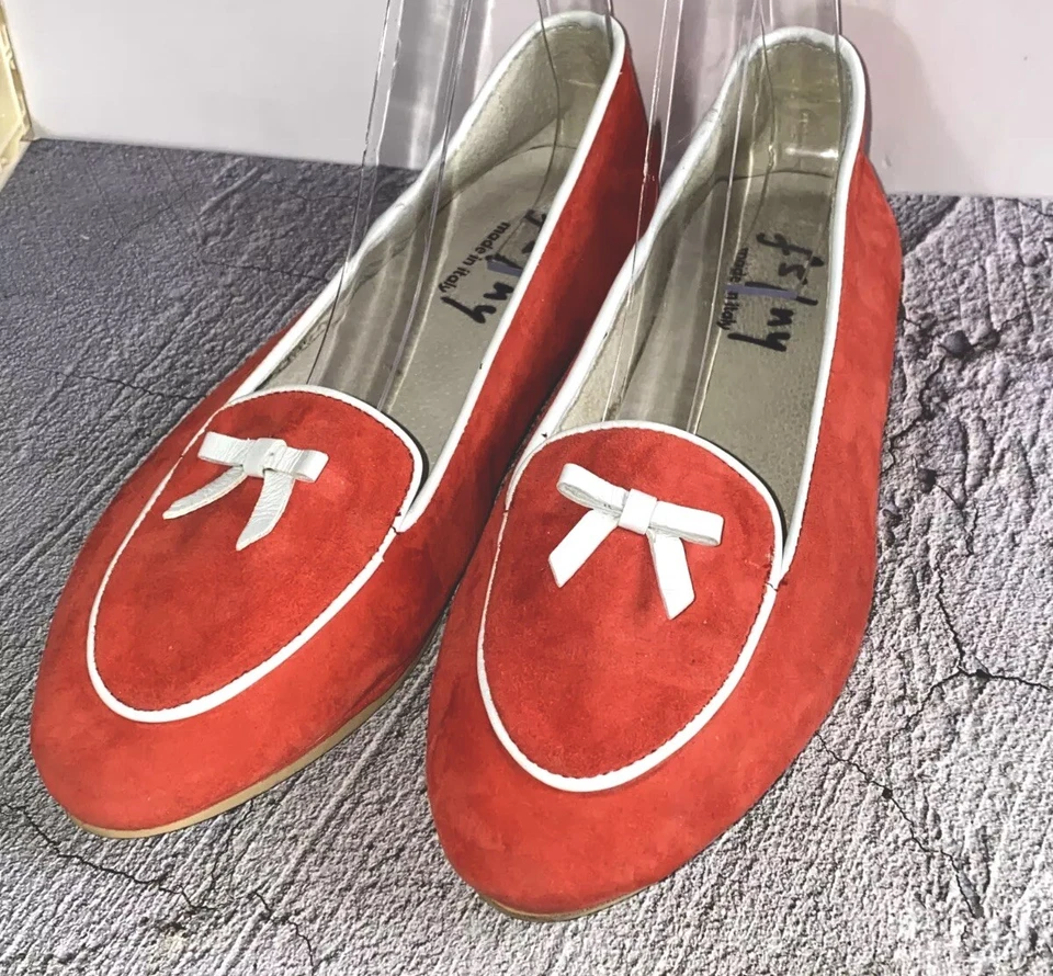Zapatos Mocasines Suela Francesa FS/NY Tomate Rojo Gamuza Borde Blanco Lazo Hechos en Italia-7M Foto 2 de 4