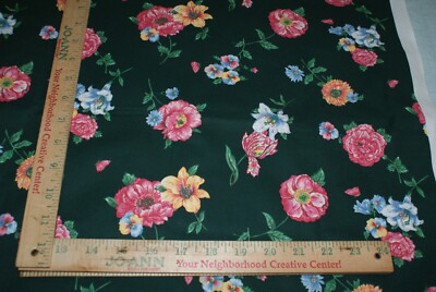 Dark Green Background  Flowers Pink Blue Yellow Fabric Sewing Craft 19 x 44'' NEW