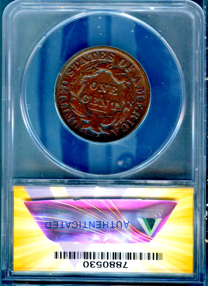 1831 1c Coronet Large Cent VG 10 Details ANACS # 7880530 + Bonus - Image 2 of 2