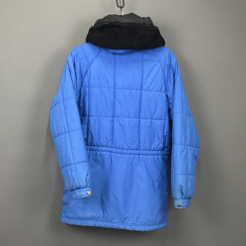 Parka acolchada de invierno vintage para mujer M azul con capucha ribete de piel cremallera completa bolsillo a presión Foto 2 de 4