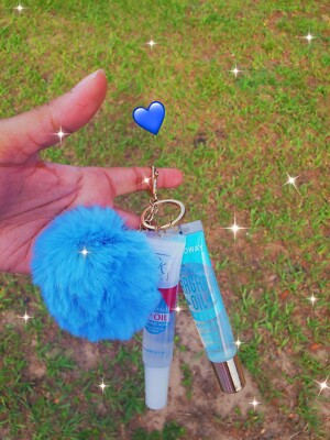 Sky blue pom pom plush clear blue lipgloss keychain