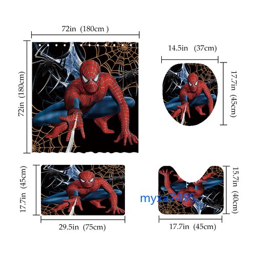 4PCS Set Marvel Spider-Man Toilet Lid Cover Bathroom Mats Rug Shower Curtain - Picture 2 of 5