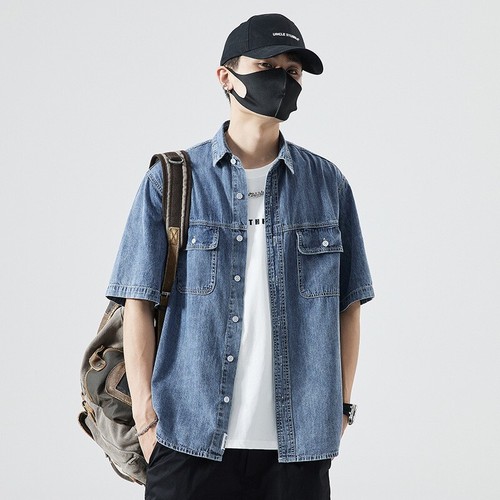 New Mens Denim Short-sleeved Shirt Retro Large Size Loose Casual Denim Tops - Picture 7 of 19