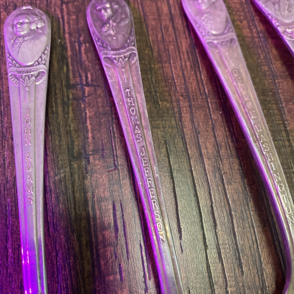 Juego de cucharas presidenciales plateadas vintage de los padres fundadores de Wm Rogers JFK EE. UU. Foto 4 de 4