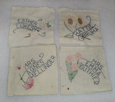 Vintage Linen Embroidered Square Flowers Handmade Midwestern Friends