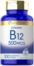 Vitamin B12 500mcg | 300 Tablets | Vegetarian, Non-GMO, Gluten Free | by Carlyle