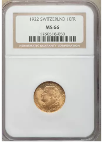 1922-Switzerland Bern Ten Francs-Gold (MS 66-NGC)