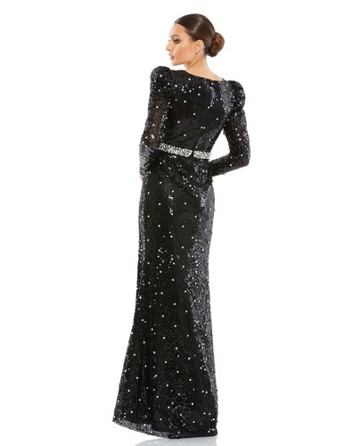 Mac Duggal Size 12 Sequined Puff Sleeve Rhinestone Dot Embellished Gown in Black - Picture 3 of 9