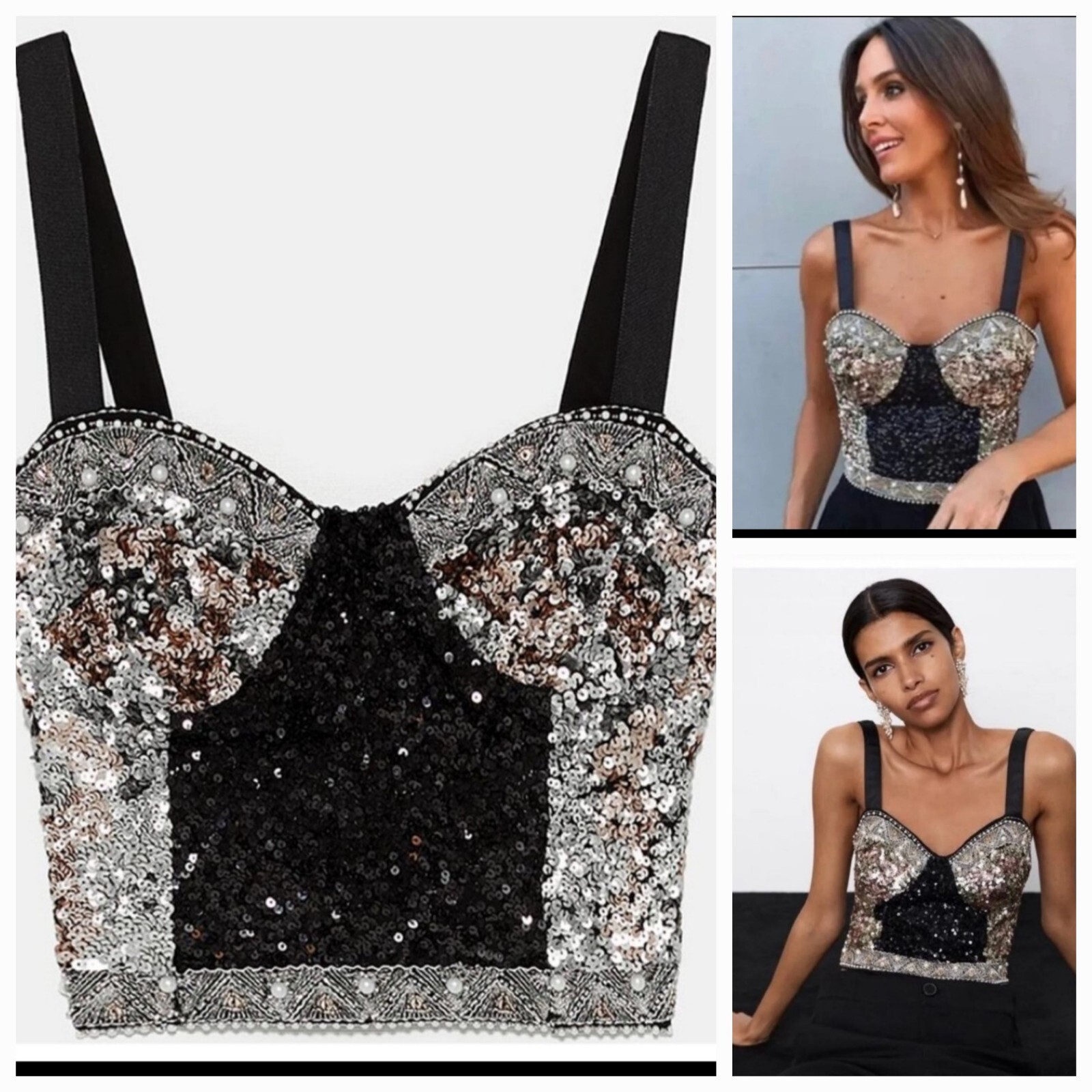 NWT ZARA Sz M Black Crop Top Tank Sequins Pearl Black Silver Gold Rare  Blouse | eBay