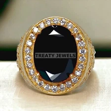 Black Onyx Oval Cut With 925 Sterling Silver Gold Plated Ring For Men's #253 *