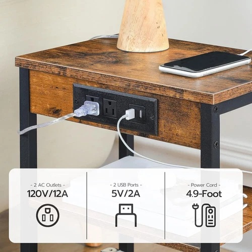 Beistelltisch mit Ladestation und USB-Anschlüssen, 3-stufiger Nachttisch mit verstellbarem - Bild 6 von 8