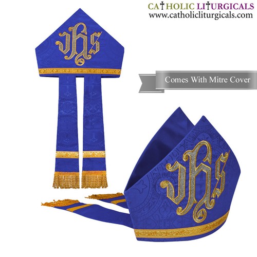 New Blue Mitre with IHS embroidery,mitra,Bishop's Mitre, New - Picture 1 of 3
