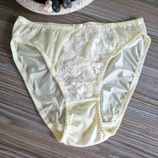 VTG S;ippery Nylon Lace Panty Sissy Yellow Bikini Sheer Brief Sz. 7-8 Hip 38-42"