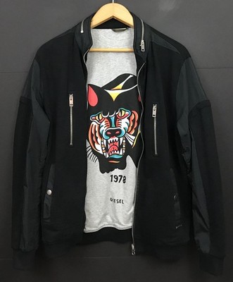 Diesel Men's Reversible Bomber Jacket Black Gray Tiger Print Size L