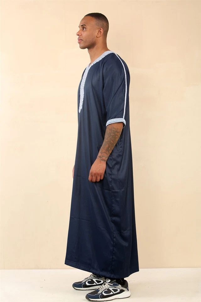 Túnica Islámica Marroquí Azul Para Hombre Jubba Robe Eid Djellaba Gandoura - Imagen 2 de 4