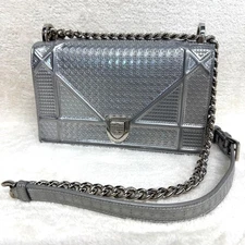Christian Dior Diorama Chain Shoulder Bag Silver Leather 21.5cm