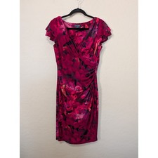 Lauren Ralph Lauren Floral Sheath Dress Magenta Pink Ruched V-Neck Size 6 Garden