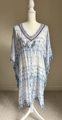 DEBBIE KATZ Blue/White Kimono Swimsuit Cover Up w/ Tassels Sz XL